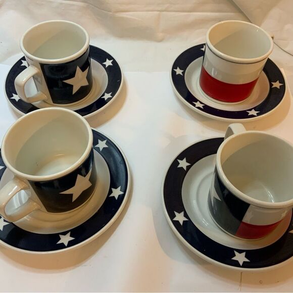 4 Totally Today Texas Flag Lone Star Cups Mugs Saucers White Blue Patriotic A11 - Picture 1 of 7